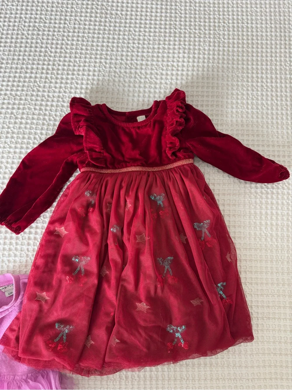 Habitual Red Velvet Dress with Pink Tulle Layered Knit Dress 6-12 months